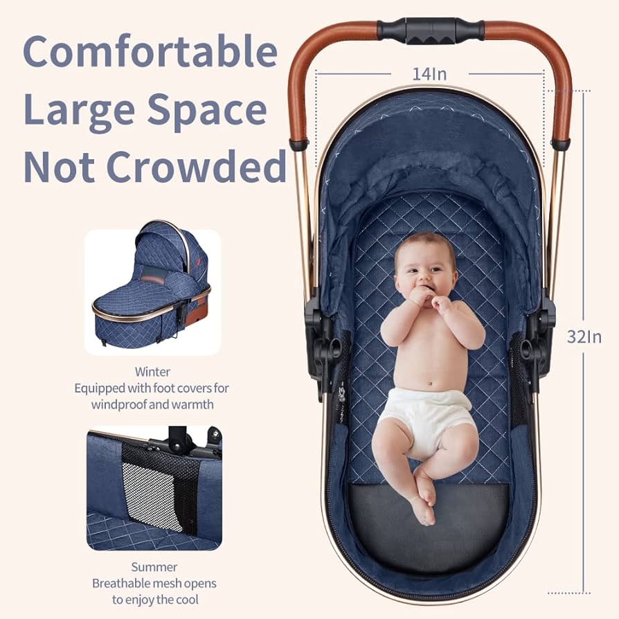 3 in 1 Baby Travel System Infant Baby Stroller Pushchair High Landscape Reversible Foldable Portable Stroller Newborn Pram Reclining Baby Carriage (Pink)