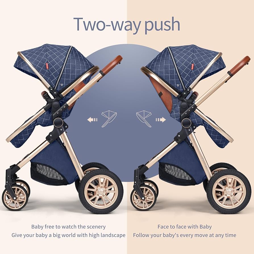 3 in 1 Baby Travel System Infant Baby Stroller Pushchair High Landscape Reversible Foldable Portable Stroller Newborn Pram Reclining Baby Carriage (Pink)