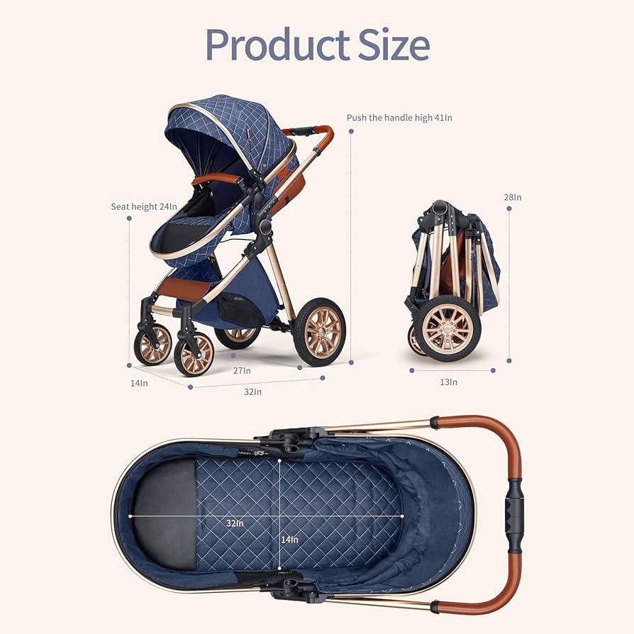 3 in 1 Baby Travel System Infant Baby Stroller Pushchair High Landscape Reversible Foldable Portable Stroller Newborn Pram Reclining Baby Carriage (Pink)