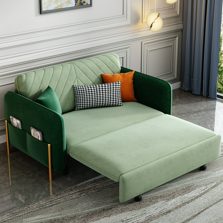 53.5" Full Sleeper Sofa Green Upholstered Convertible Sofa Bed 3 in 1 Sleeper Sofa Couch Bed, Small Tufted Velvet Convertible Loveseat Futon Sofa w/Pullout Bed, Multi-Pockets for Living Room