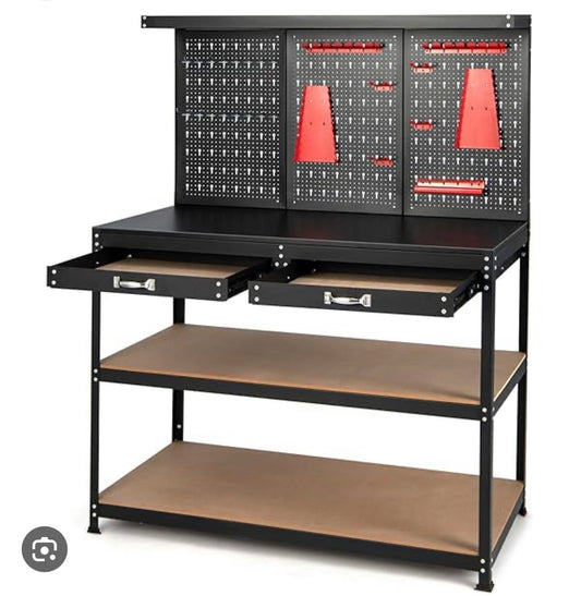 Work Bench with Pegboard, 48"x24" Work Table with Drawers, 965LBS Capacity