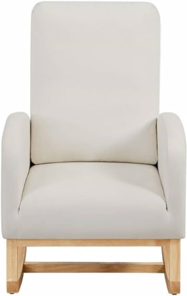 Beige Velvet Upholstered Rocking Chair for Nursery High Back Accent Glider Rocker Armchair with Side Pocket and Wood Leg