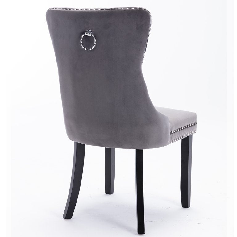 Velvet Fabric Dining Chairs Luxury Tufted Back with Nailed Trim and Back Ring Pull Home Kitchen Dining Room Chairs Armless Accent Side Chairs Solid Rubber Wood Legs.Grey