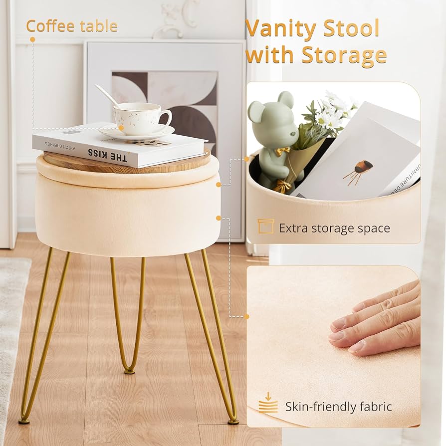 Velvet Vanity Stool Chair for Makeup Room, Round Storage Ottoman, Stool for Vanity with Gold Legs, 19” Vanity Chair, Makeup Vanity Stool Chair for Vanity, Living Room,Bedroom,Champagne