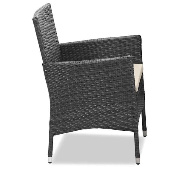 Gray 5-Piece Wicker Rattan Patio Conversation Set with Beige Cushions and Umbrella Hole