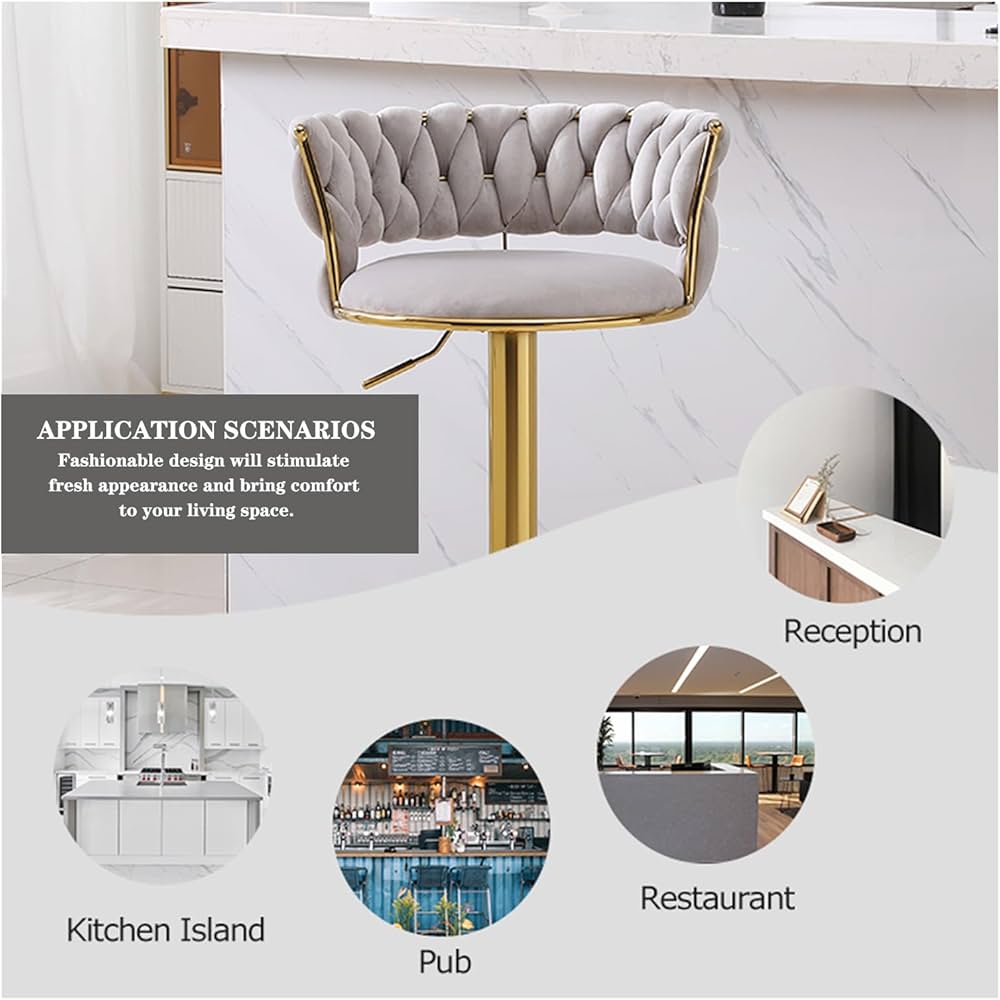 Set of 2 Modern Bar Stools, Stainless Steel Swivel, 360 Swivel Velvet Upholstered Adjustable Counter Bar Stool, Counter Gold High Chair, Rotation Kitchen Bar for Home Bistro, Grey