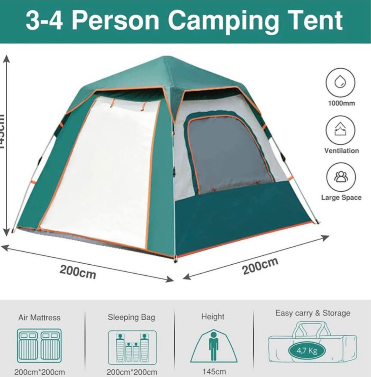 Family Camping Waterproof Tent, 79X79X57(Inches), Lightweight, UV Resistant, Outdoor Camping Gear