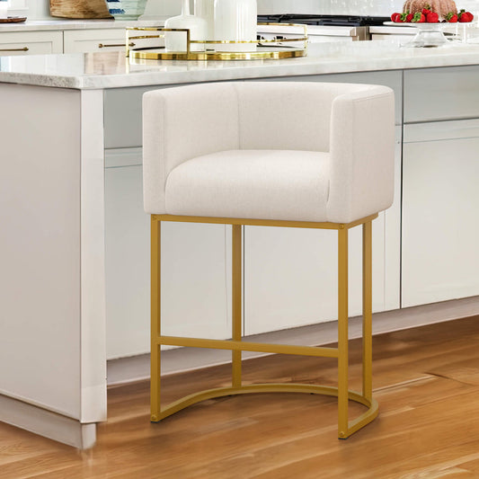 Modern Counter Height Linen Fabric Upholstered Counter Stool, 24 inch Kitchen Island Stool with Gold Metal Frame, Cream