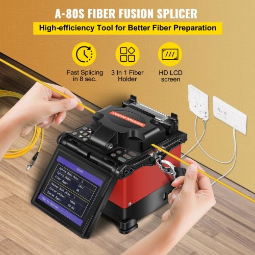 Fiber Fusion Splicer Automatic Focus A-80S FTTH Fiber Optic Fusion Splicer Kit 5 Inch Digital LCD Screen Fusion Splicer Machine Optical Fiber Cleaver Kit