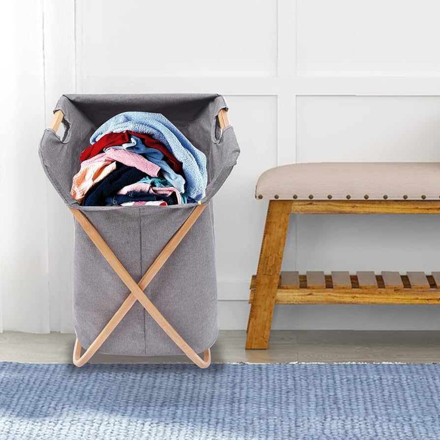 Bamboo Wood X-Frame Laundry Hamper,Grey Modern Portable and Foldable Dirty Clothes Laundry Basket Hamper Bag Bin with Lid Storage Organize Rack for Clothes Storage and Bedroom