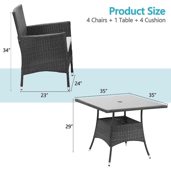 Gray 5-Piece Wicker Rattan Patio Conversation Set with Beige Cushions and Umbrella Hole