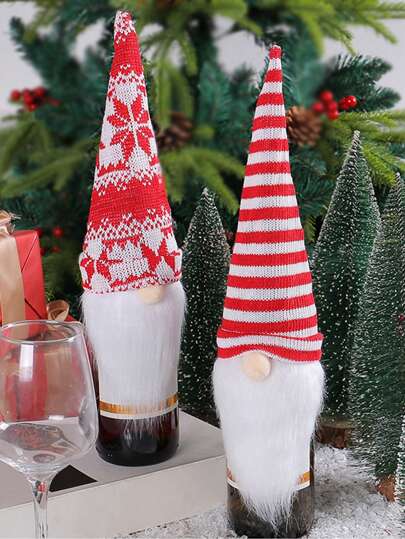 Christmas Gnome Wine Bottle Covers, 2 PCs Pack Swedish Tomte Decorative Wine Bottle Toppers Santa Scandinavian Plush Champagne Cover for Home Holiday Christmas Dining Table Decorations Party Gift