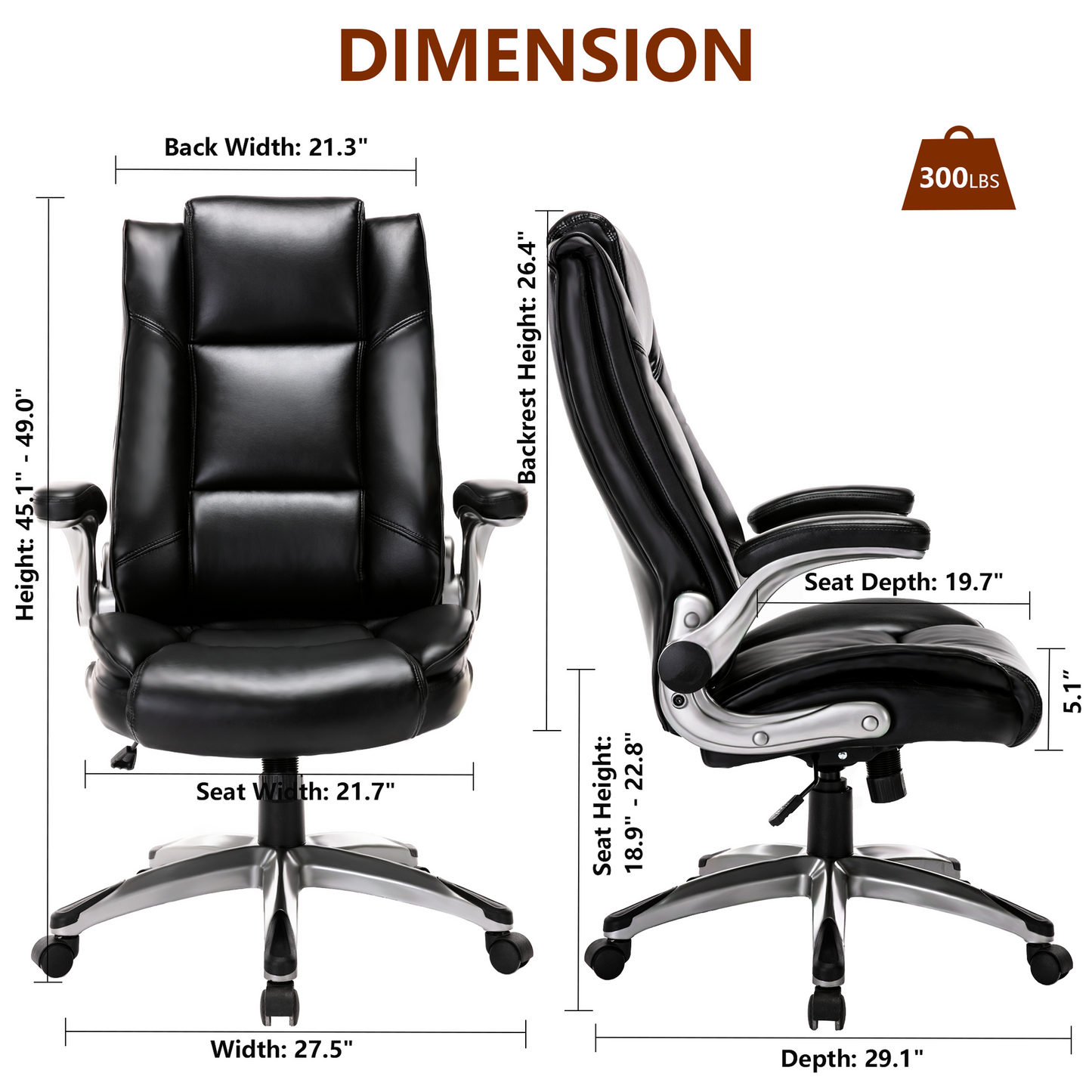 Leather Executive Office Chair- High Back Home Computer Desk Chair with Padded Flip-up Arms, Adjustable Tilt Lock, Swivel Rolling Ergonomic Chair for Adult Working Study, Black