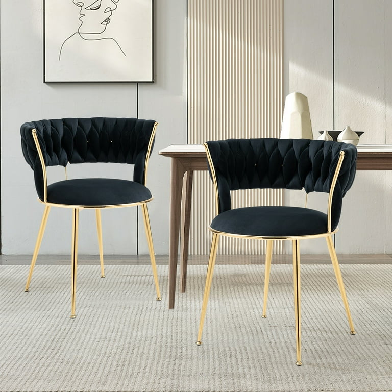 Set of 2 Velvet Accent Chair, Modern Dining Chair with Arms,Upholstered Living Room Chair with Gold Metal Legs for Dining Room Kitchen(Black)