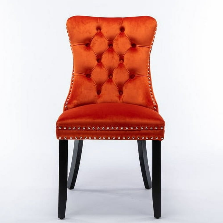 Velvet Fabric Dining Chairs Luxury Tufted Back with Nailed Trim and Back Ring Pull Home Kitchen Dining Room Chairs Armless Accent Side Chairs Solid Rubber Wood Legs.Orange