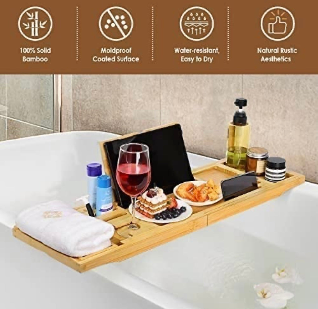 Bathtub Expandable Bamboo Tray, with Book Holder,Soap Dish, Wine Glass Slot