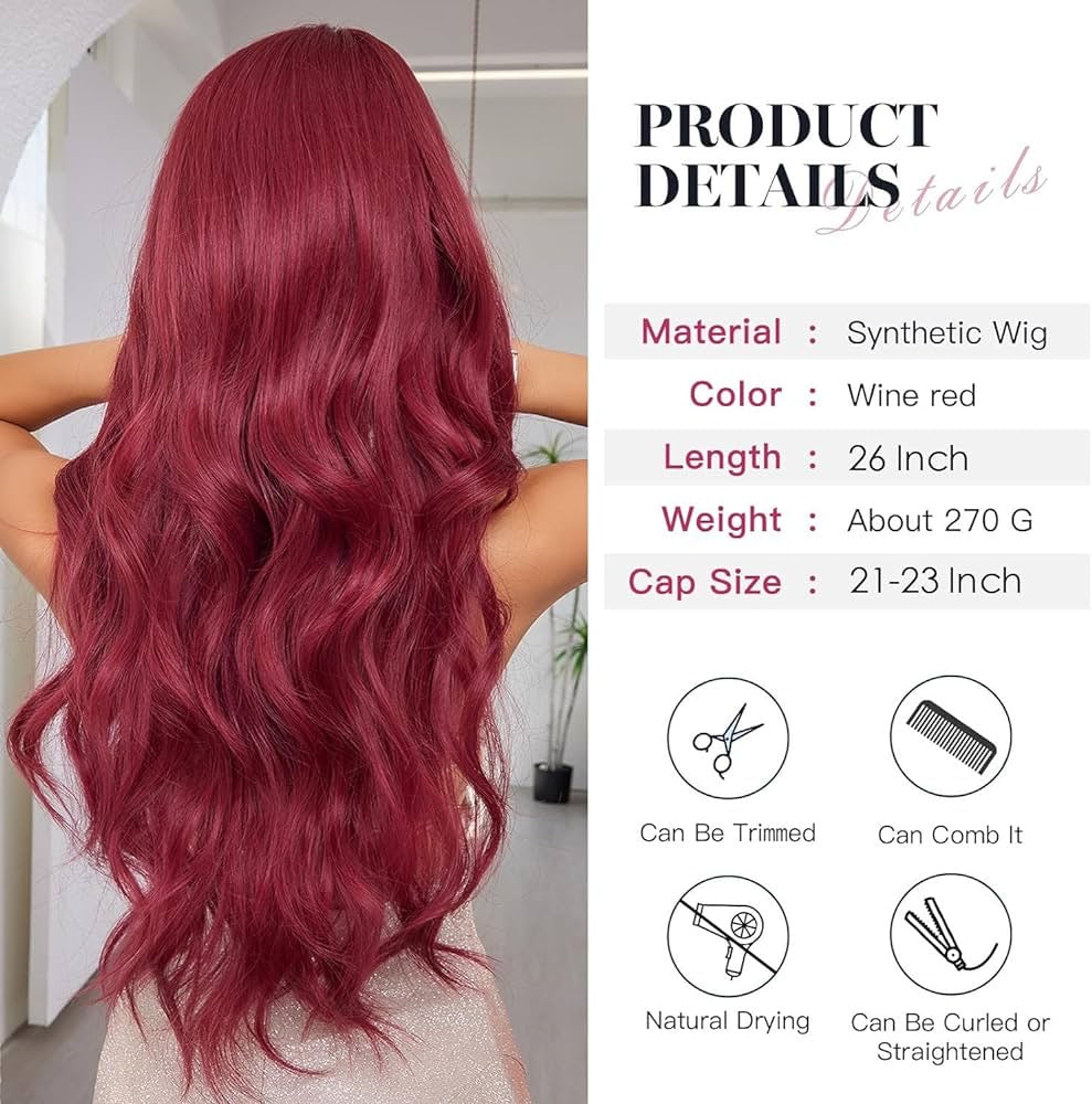 Red Wig with Bangs 26 Inch Long Wavy Wig Natural Looking Synthetic Heat Resistant Fiber Wigs for Women Daily Cosplay Use (Wine Red)