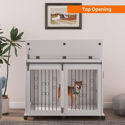Large Dog Crate Furniture with Sliding Barn Door, 43.7" Wooden Dog Kennel End Table with Wheels and Flip-top Plate Dog House with Detachable Divider for Small/Medium/Large Dog (White)