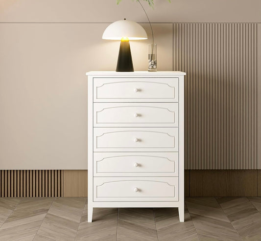 White Contemporary Roman Style, Solid Wood 5 Drawers Chest