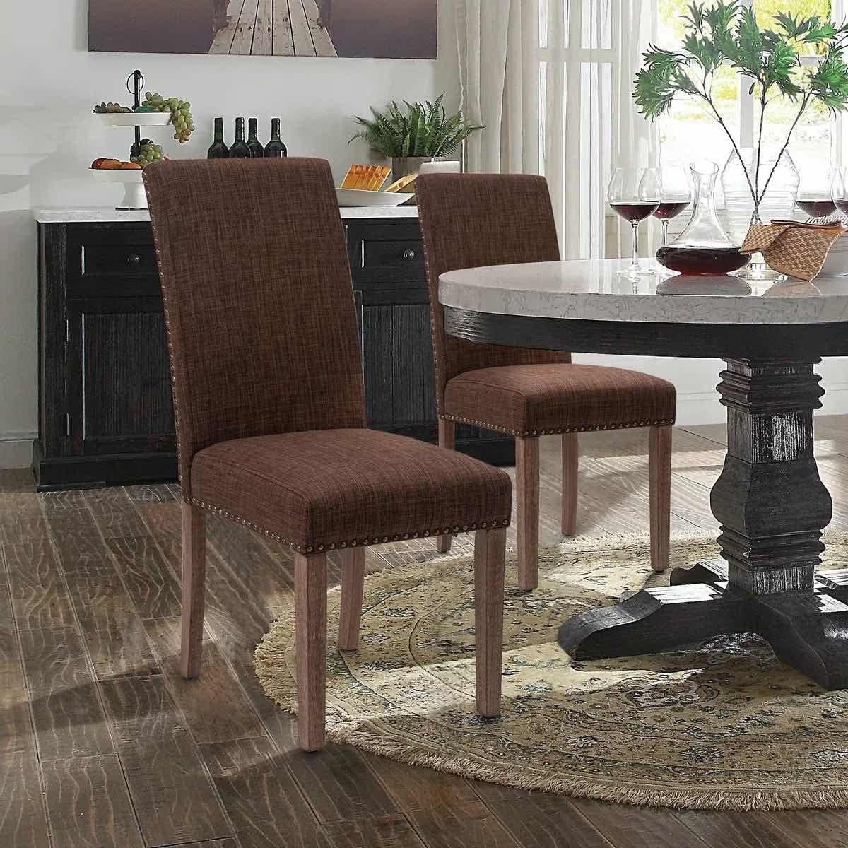 Set of 2 Dining Chairs, Accent Parsons Diner Chairs Upholstered Fabric with Nailhead Trim by Side Table for Home KiSet of 2 Dining Chairs, Accent Parsons Diner Chairs Upholstered Fabric with Nailhead Trim by Side Table for Home Kitchen, Living Room, Brown