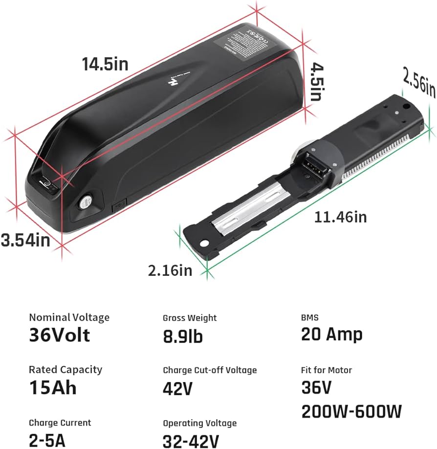 Ebike Battery 36v 15Ah 36 Volt Lithium Battery for 200W-750W Motor with 42V 2A 3-Pin XLR Charger 20Amp BMS USB Charge Port and Battery Lock(36V 15ah)