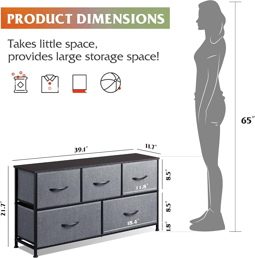 Dresser for Bedroom with 5 Drawers, Wide Chest of Drawers, Fabric Dresser, Storage Organizer Unit with Fabric Bins for Closet, Living Room, Hallway