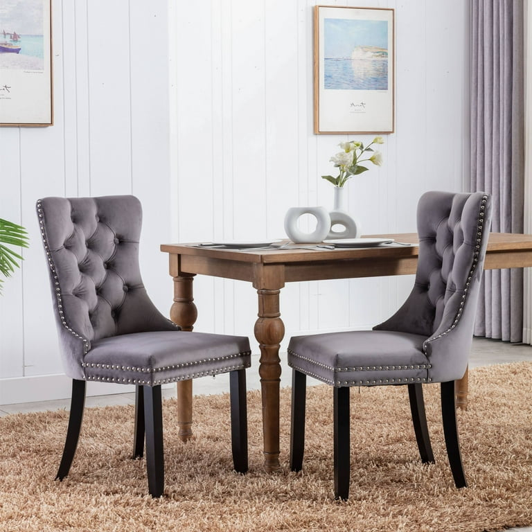 Velvet Fabric Dining Chairs Luxury Tufted Back with Nailed Trim and Back Ring Pull Home Kitchen Dining Room Chairs Armless Accent Side Chairs Solid Rubber Wood Legs.Grey