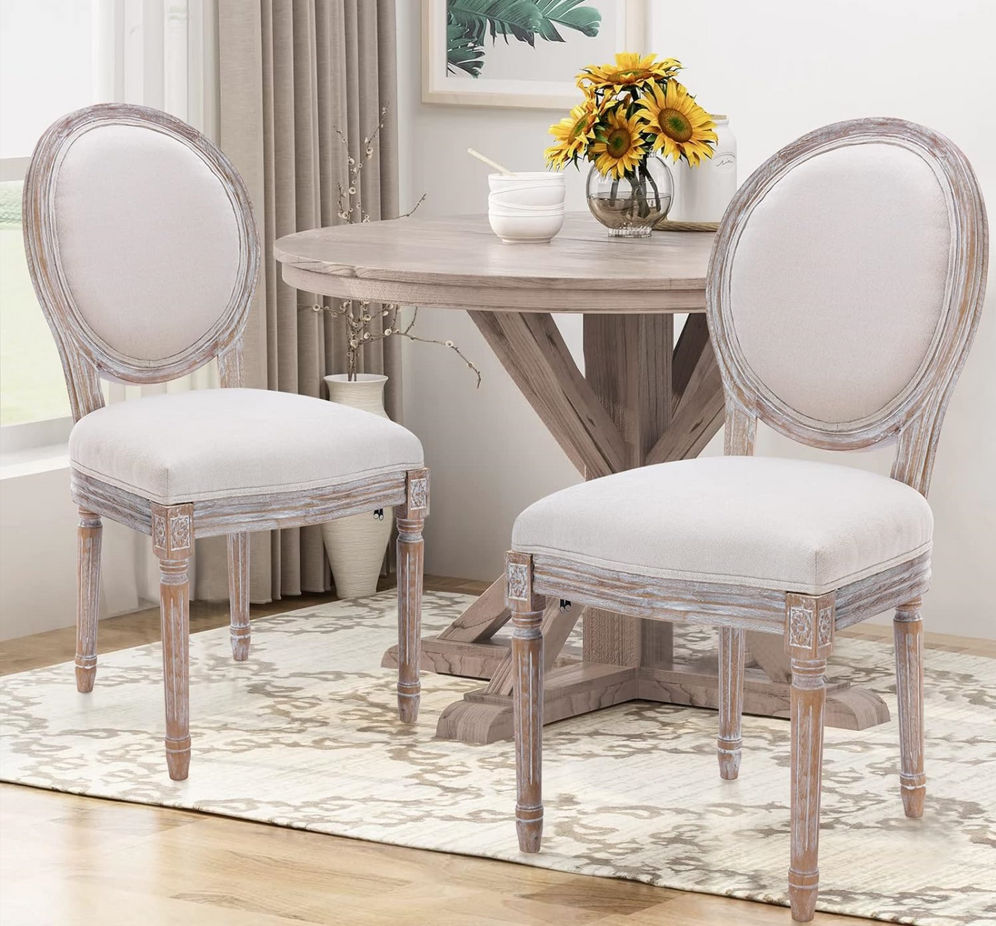 French Country Vintage Dining Chairs with Round Back, Set of 2, Solid Wood Legs, Accent Side, Upholstered for Farmhouse, Dining Room, Kitchen/Living Room/Bedroom-Classic Beige