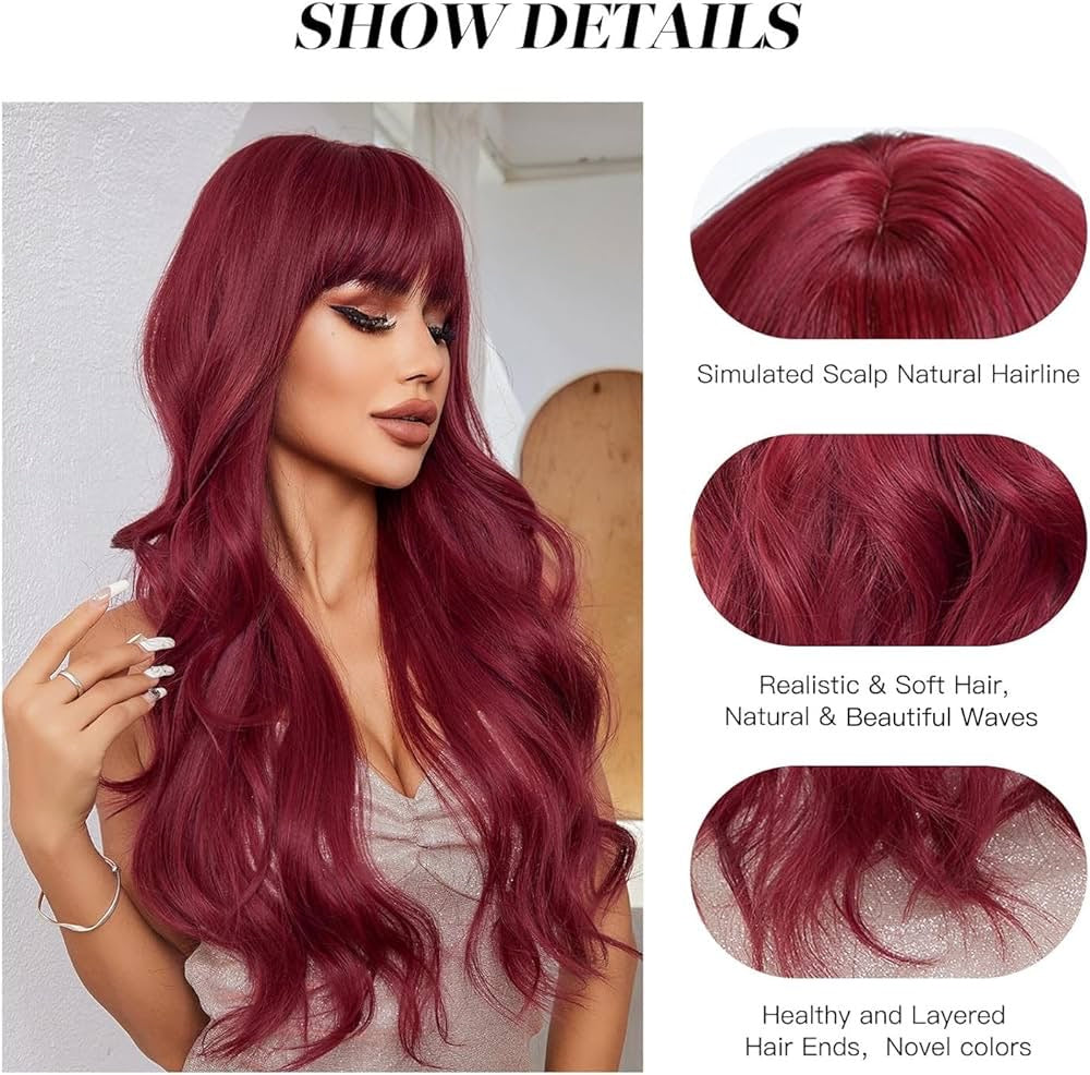 Red Wig with Bangs 26 Inch Long Wavy Wig Natural Looking Synthetic Heat Resistant Fiber Wigs for Women Daily Cosplay Use (Wine Red)