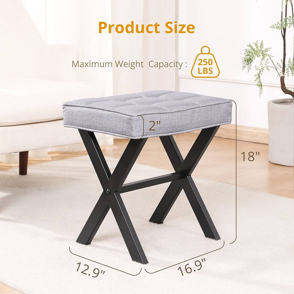 Vanity Stool, Square Linen Makeup Stool with Metal X Legs, Small Ottoman Stool Chair for Vanity, Modern Padded Vanity Seat Foot Rest Stool for Makeup Room, Living Room, Bathroom, Dark Gray