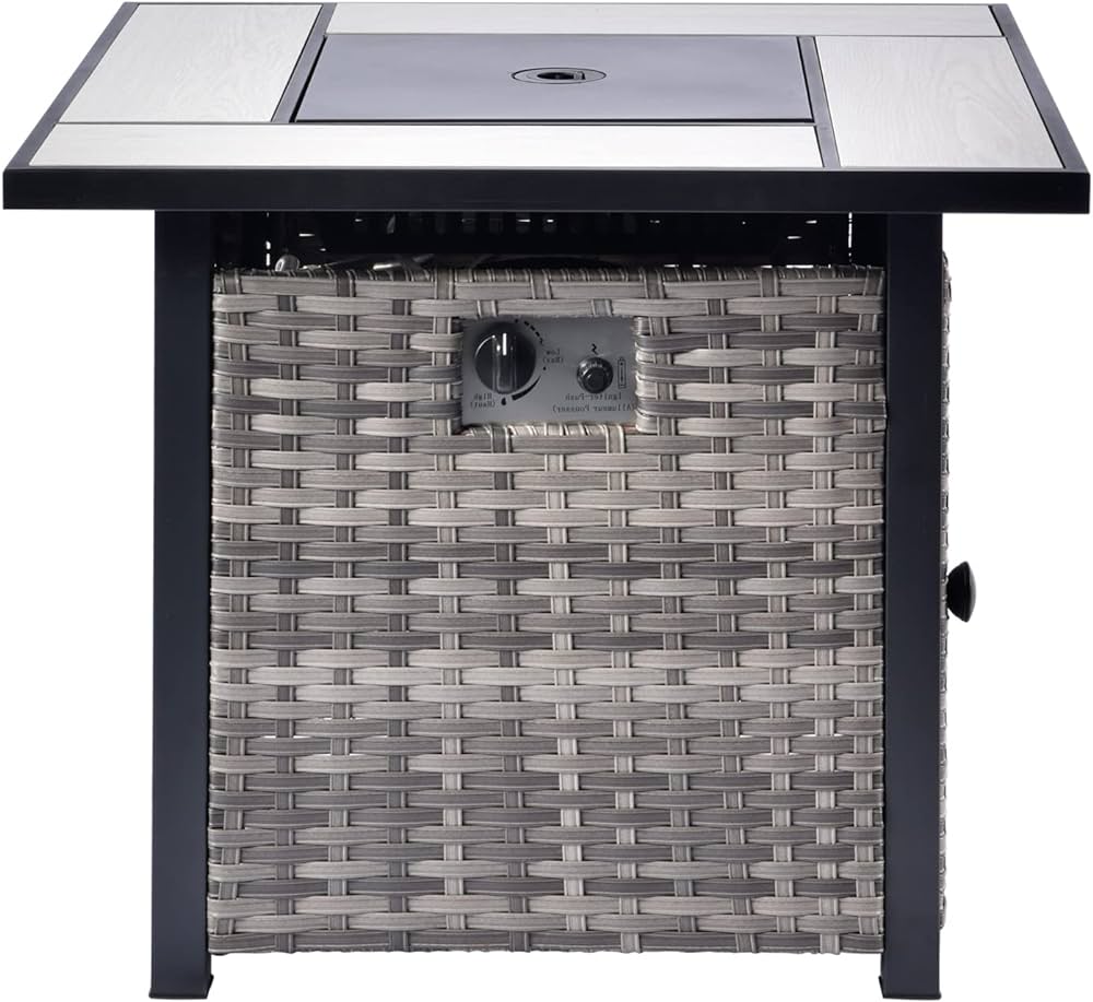 Propane Fire Pit Table 30 Inch 50,000 BTU Outdoor Fire Table All Weather Rattan Wicker Square Fire Pits with Lid and Lava Rock for Outside,30 * 30 * 25 Inches Grey Wicker