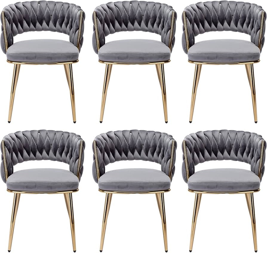 Velvet Dining Chairs Set of 2, Modern Side Chairs with Woven Back, Tufted Accent Chair with Comfortable Seat Sturdy Metal Golden Legs for Living Room, Kitchen, Bedroom, Light Grey