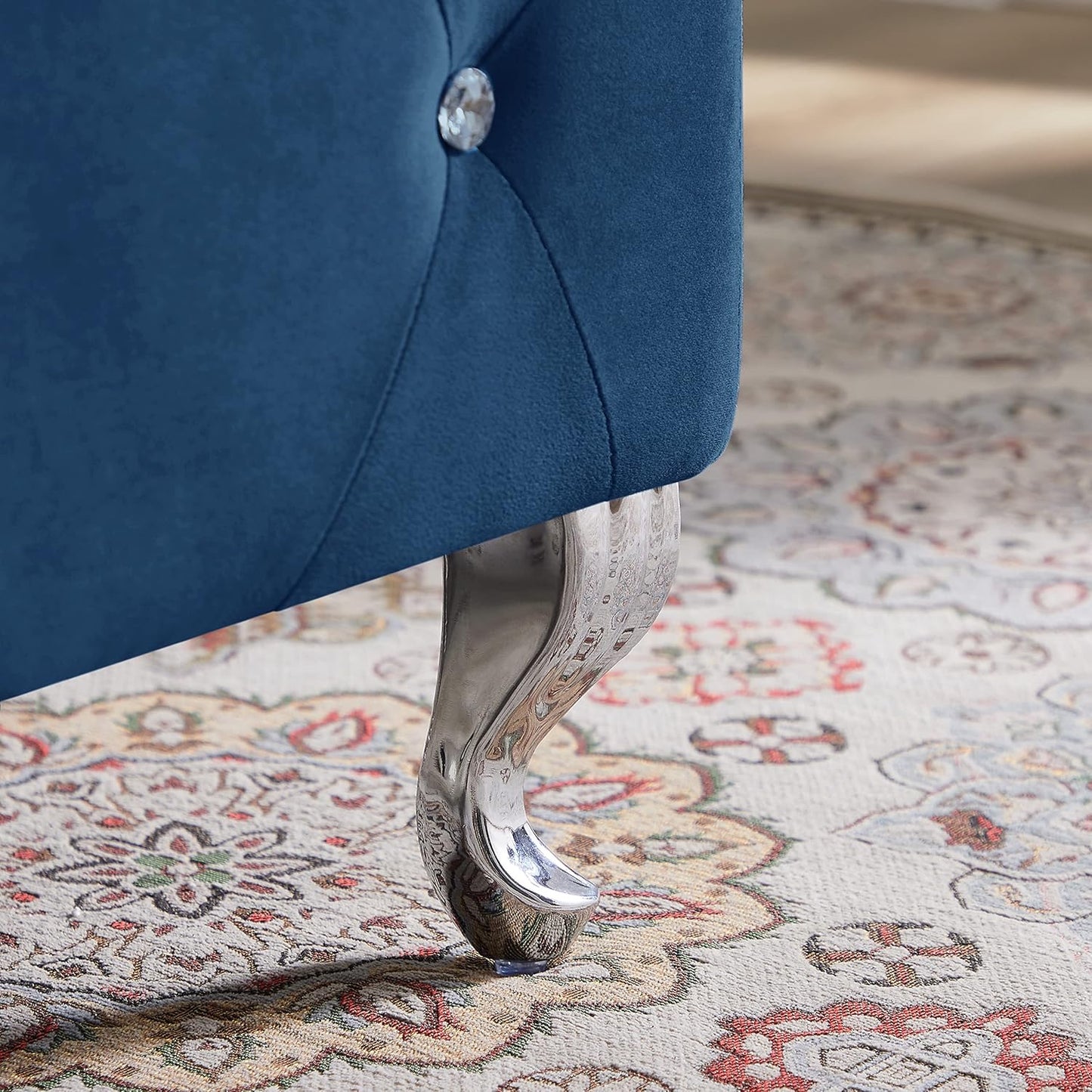 Home Storage Bench, Velvet Button and Diamond Design Bedside Stool, Suitable for Bedroom Entry and Living Room (Blue)