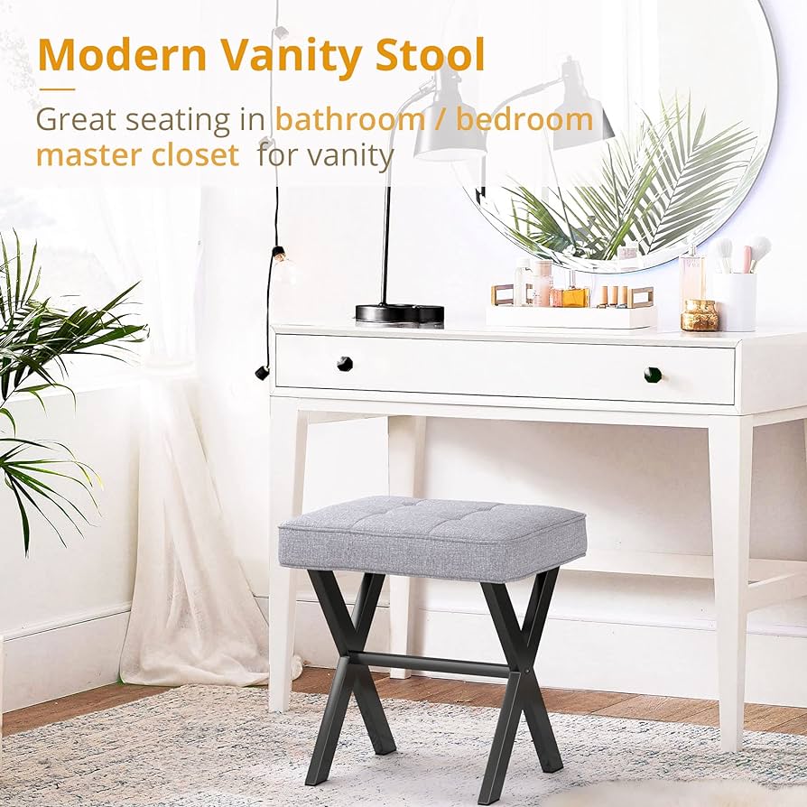 Vanity Stool, Square Linen Makeup Stool with Metal X Legs, Small Ottoman Stool Chair for Vanity, Modern Padded Vanity Seat Foot Rest Stool for Makeup Room, Living Room, Bathroom, Dark Gray