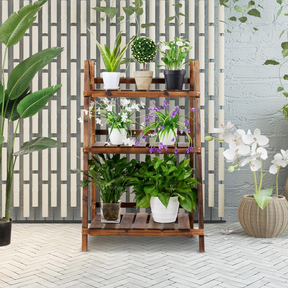 Folding Plant Stand Wooden Foldable Plant Shelf 3-Tier Flower Pot Stand Plants Display Shelf Rack Ladder Garden Indoors Outdoors 23.6 x 15 x 36.6in