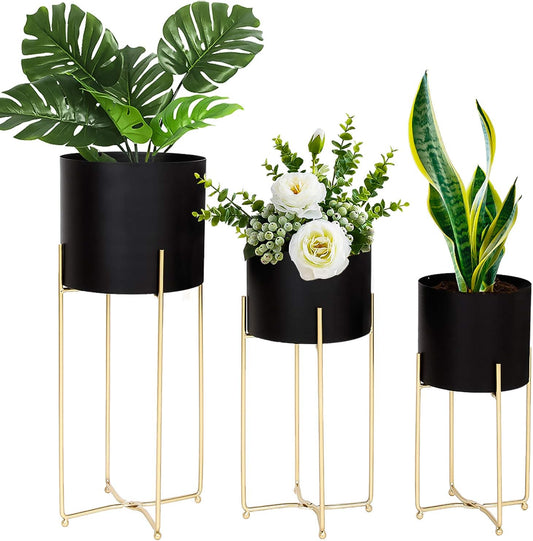 SET OF 3 BLACK METAL VASES WITH GOLDEN SUPPORT