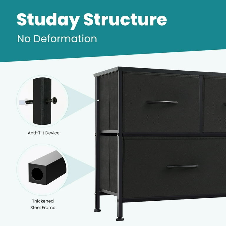 Chest of Drawers with Fabric Bins, Organizer Storage 5, Long Dresser with Wood Top for Bedroom, Closet, Entryway, Black