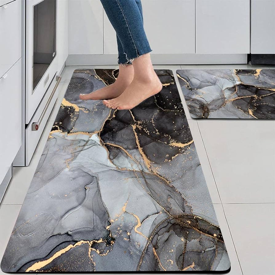 Luxury Black and Gray Marble Kitchen Rugs and Mats Anti Fatigue PVC Leather Set of 2 Non-Slip Waterproof Comfort Standing Floor for Sink Laundry 17.3"×29"+17.3"X47"