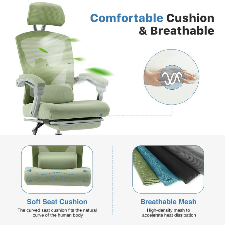 Ergonomic Office Chair, High Back Mesh, Reclining with Footrest, Lumbar Support, Adjustable Headrest, and Armrests, Green