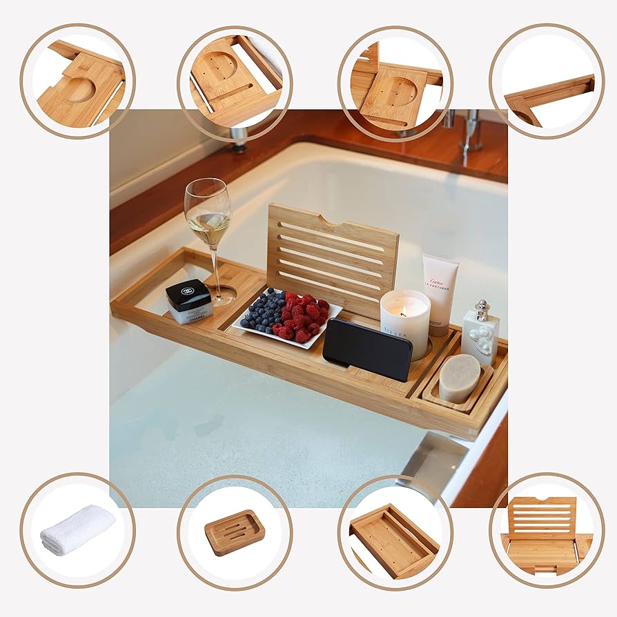 Bamboo Bathtub Caddy Tray, Expandable Bathtub Caddy Tray for Luxury Bath, Includes Cotton Towel, Soap Dish, Wine Glass Slot and Tablet Holder, Best Gift (Bamboo)
