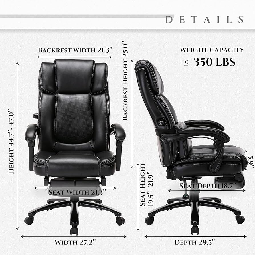 Big and Tall Office Chair with Footrest-Ergonomic Office Chair with Adjustable Backrest, Lumbar Support Pillow, Executive Computer Desk Chair Thick Bonded Leather for Comfort, 350LBS, Black