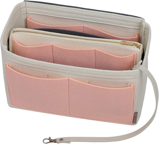 Purse Organizer Insert, Felt Bag Organizer with Metal Zipper, Handbag & Tote Shaper, For Speedy Neverfull Tote.Cream with Pink