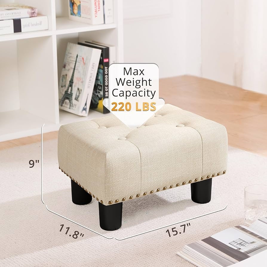 Small Tufted Foot Stool, Beige Linen Rivet Tufted Footrest with Plastic Legs, 9''H, Rectangle Foot Stools for Adult with Non-Slip Pads, Sofa Footstool for Living Room, Couch