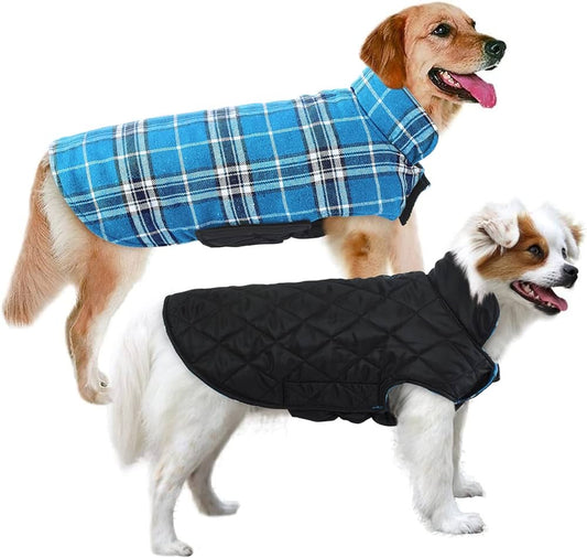Dog Jackets for Winter, Reversible Dog Coat Windproof Waterproof Dog Winter Jackets for Cold Weather, British Style Plaid Dog Coats Warm Dog Vest for Small Medium Large Dogs,Blue