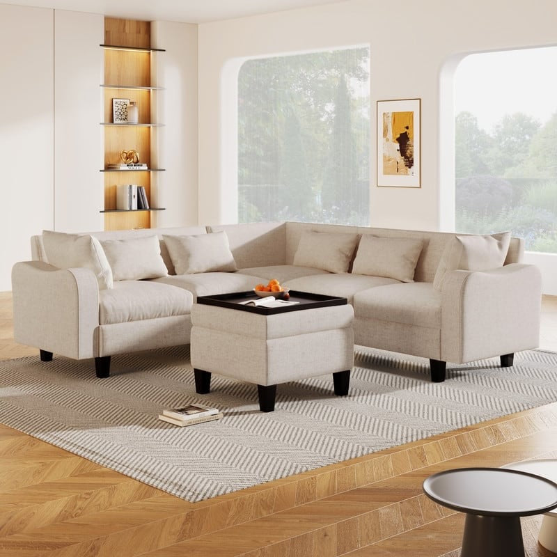 87" Modern Linen L Shape Sectional Sofa with Coffee Table,Sectional Couch with Storage Ottoman