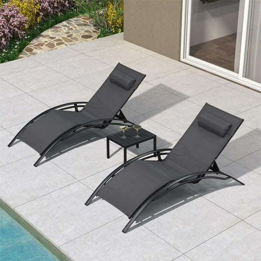 PURPLE LEAF 3 PCS Patio Chaise Lounge Chair Set with Side Table Poolside Adjustable Recliner Chairs for Outside Beach Outdoor Pool Sunbathing Tanning Loungers, Gray