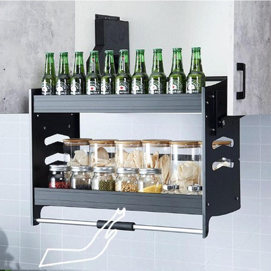 Pull Down Cabinet Organizer, 2-Tier Kitchen Cabinet Pull Down Shelf, Multifunctional Hanging Wall Shelf, Heavy-Duty Spice Rack Organizer for Kitchen Appliance Lift Upper Cabinet, 22.2Inch