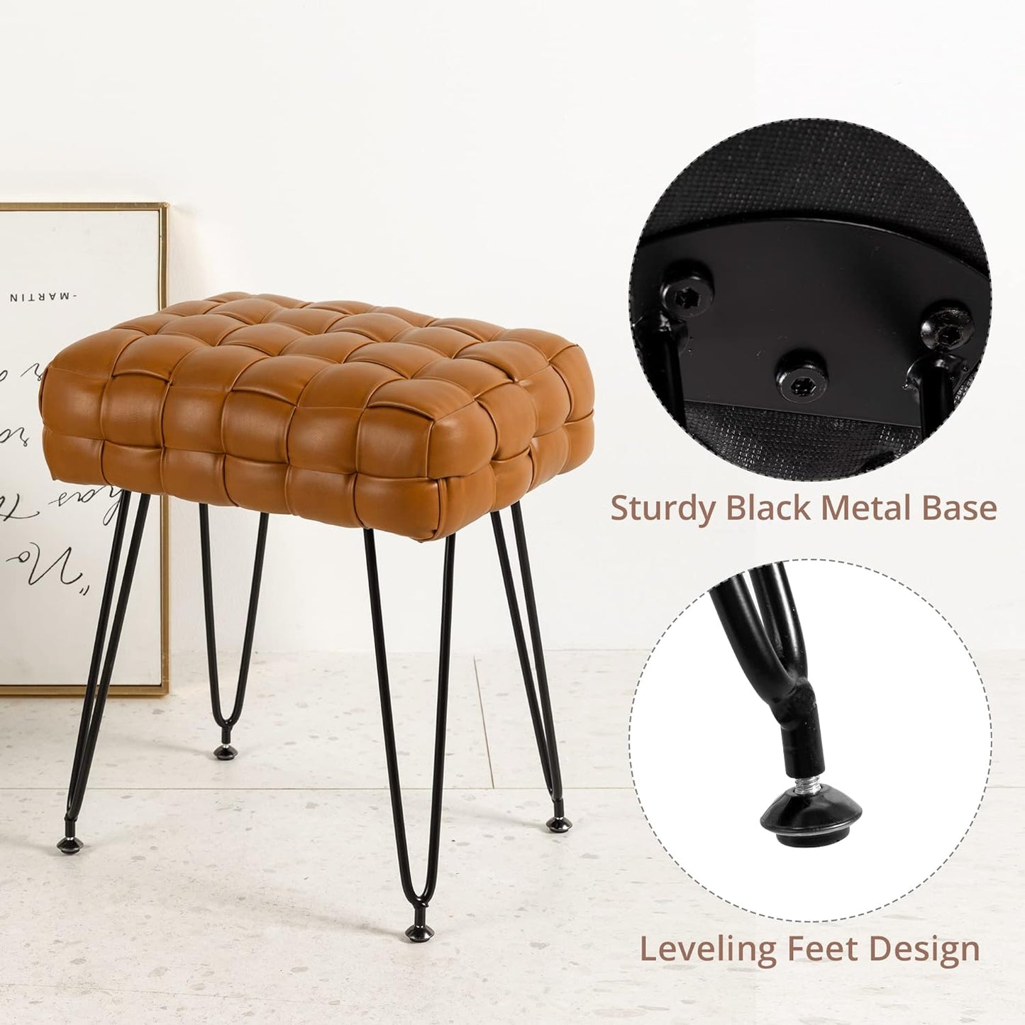 Faux Leather Vanity Stool, Upholstered Make up Bench, Rectangle Ottoman Foot Stool, Tufted Footrest Stool Makeup Stool with Silver Chrome Legs for Living Room, Dressing Room, Whisky Brown