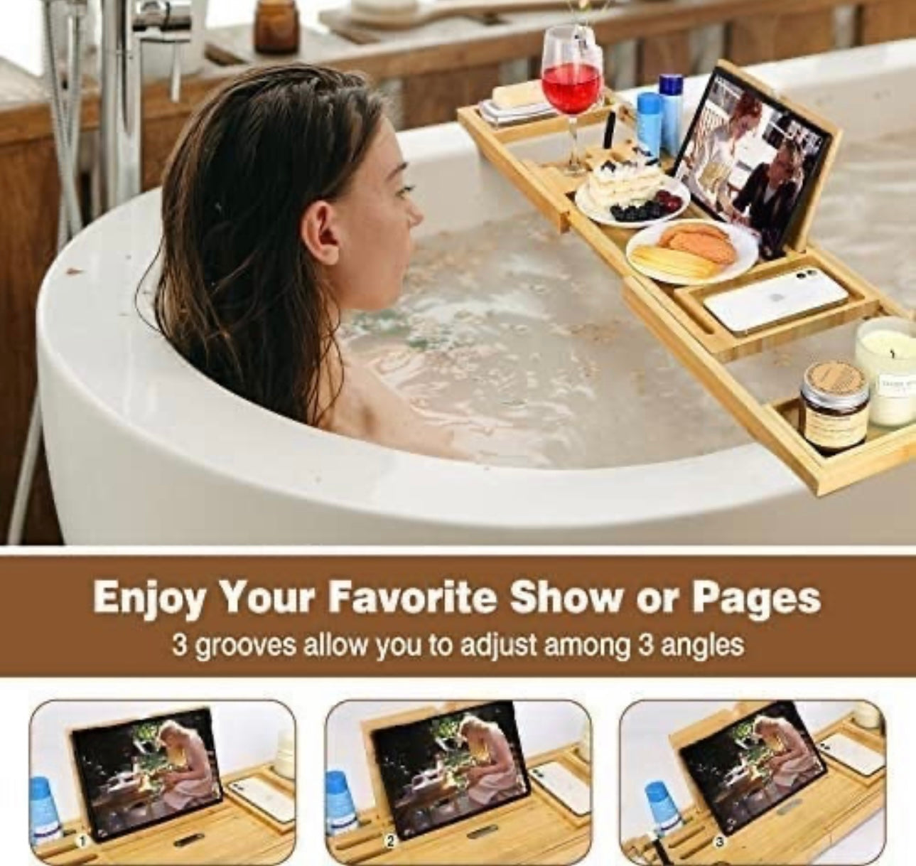 Bathtub Expandable Bamboo Tray, with Book Holder,Soap Dish, Wine Glass Slot