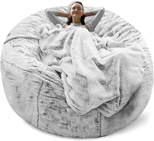 Bean Bag Chair Cover(it was only a Cover, not a Full Bean Bag) Chair Cushion, Big Round Soft Fluffy PV Velvet Sofa Bed Cover, Living Room Furniture, Lazy Sofa Bed Cover,6ft Snow Gray